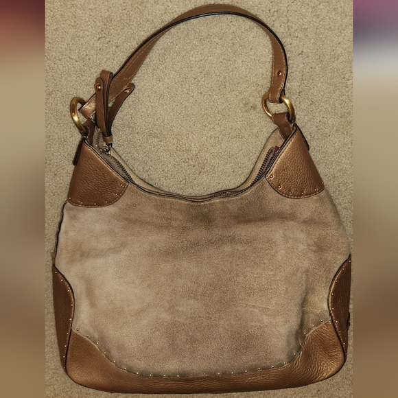 Cole Haan Stephanie Suede bronze studded leather horsebit hobo equastrian bag - Picture 6 of 7